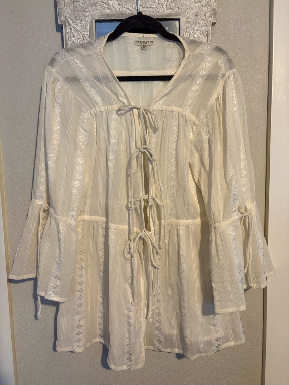 EARTHBOUND Cream Tie-Front Peasant Top with Embroidered Stripes